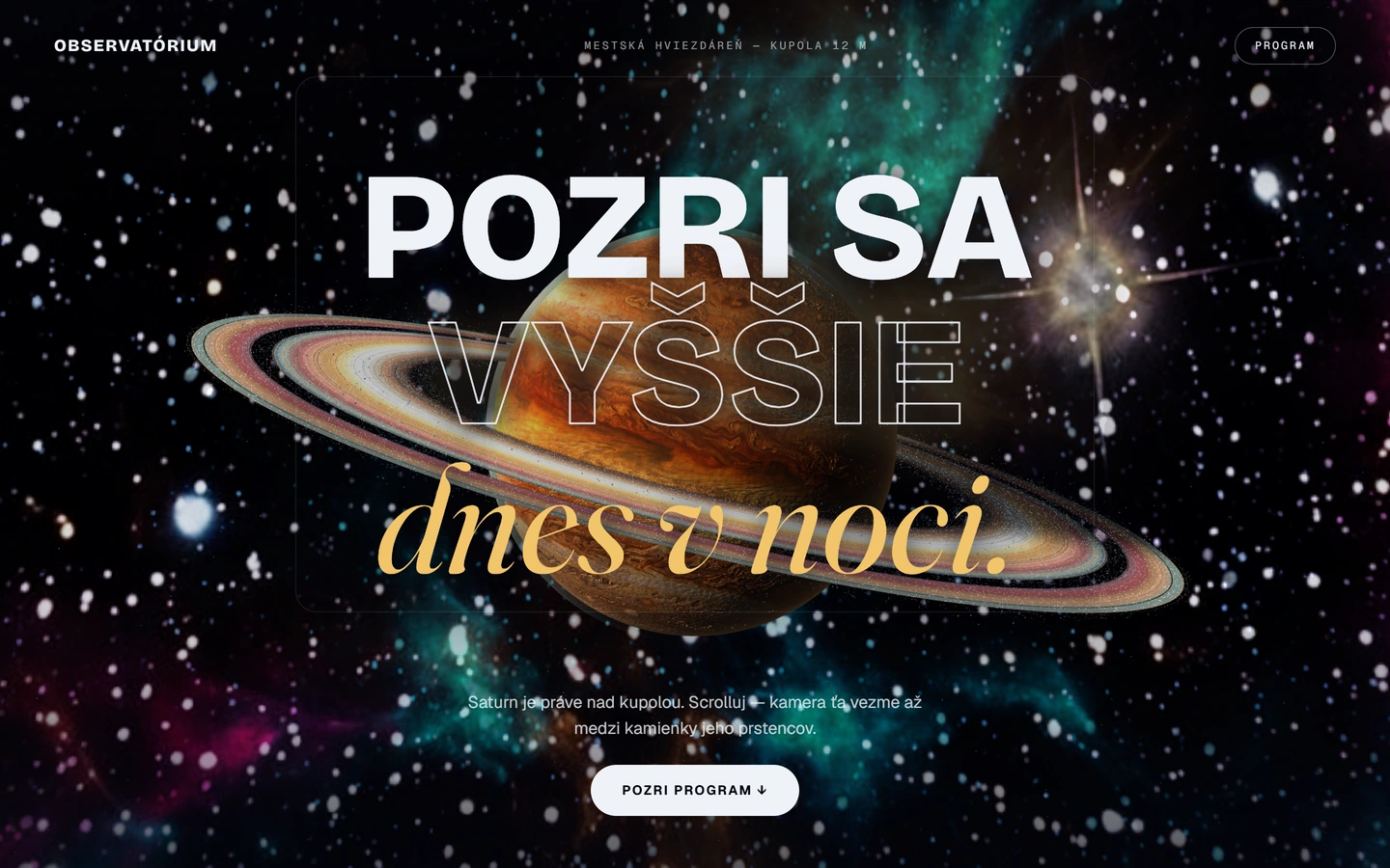 Observatórium — celý úvod webu, Animácie a 3D