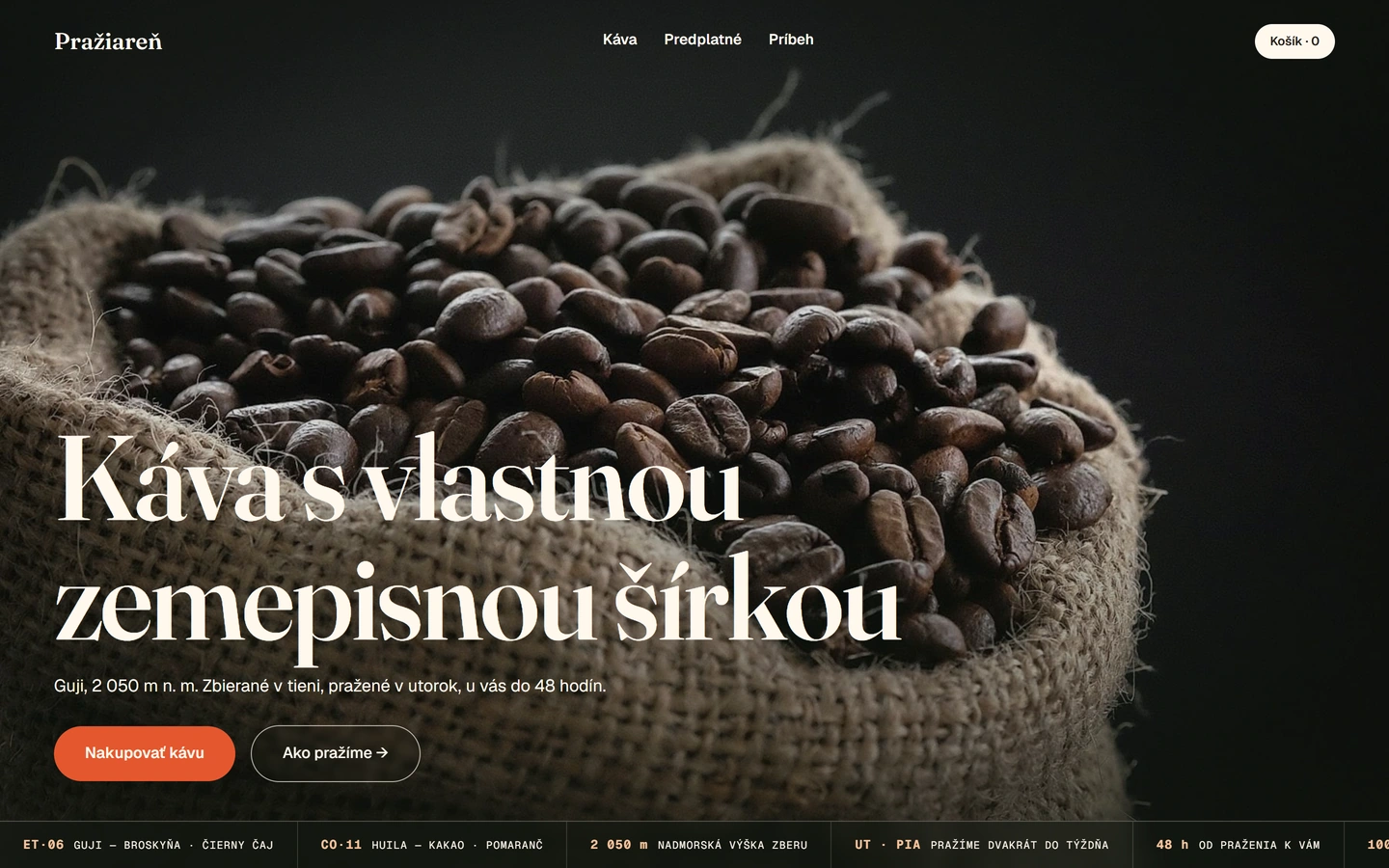 Pražiareň — celý úvod webu, E-shop a objednávky