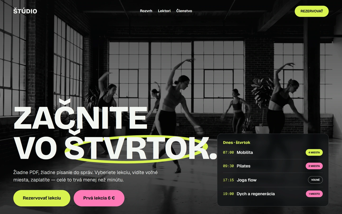Štúdio — celý úvod webu, Rezervačný systém